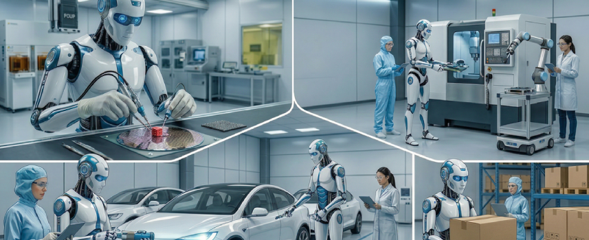 Humanoid robots perform various tasks alongside humans in a high-tech lab and factory: assembling technology, managing inventory, and inspecting a car.